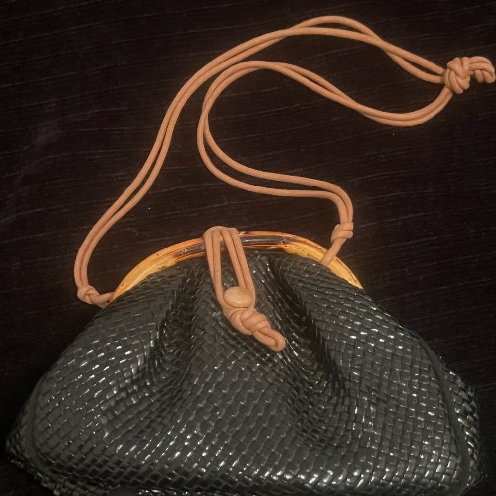 Chic Italian Woven Black Bucket Shoulder Bag with Cord Strap